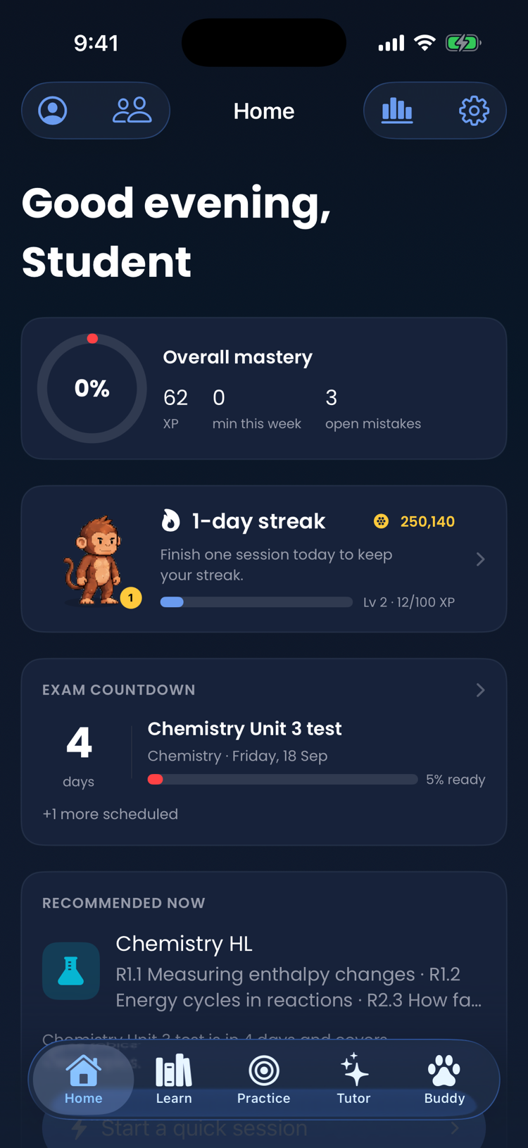 Syllabo home screen showing streak, exam countdown and a recommended session